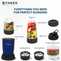 Faber Sportz Blender| 3 PC Jars| Dry/Wet Grinder Chopper,Smoothie,Juice Chutney Maker| Detachable SS Blades|Overheat Pro