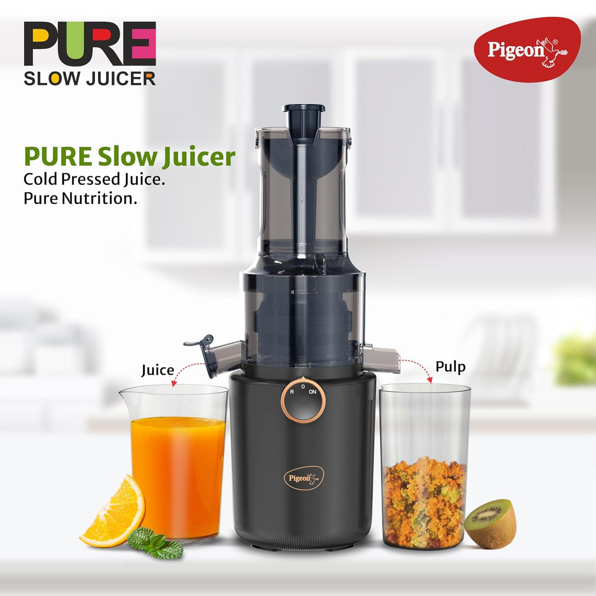Pigeon by Stovekraft Pure Slow Juicer| 250W Motor| Nutrient Rich Juice| All-in-1 Fruits & Vegetable Juicer| Maximum Juice Extraction Auger | Separate Juice & Pulp Cups | 2 Year Warranty