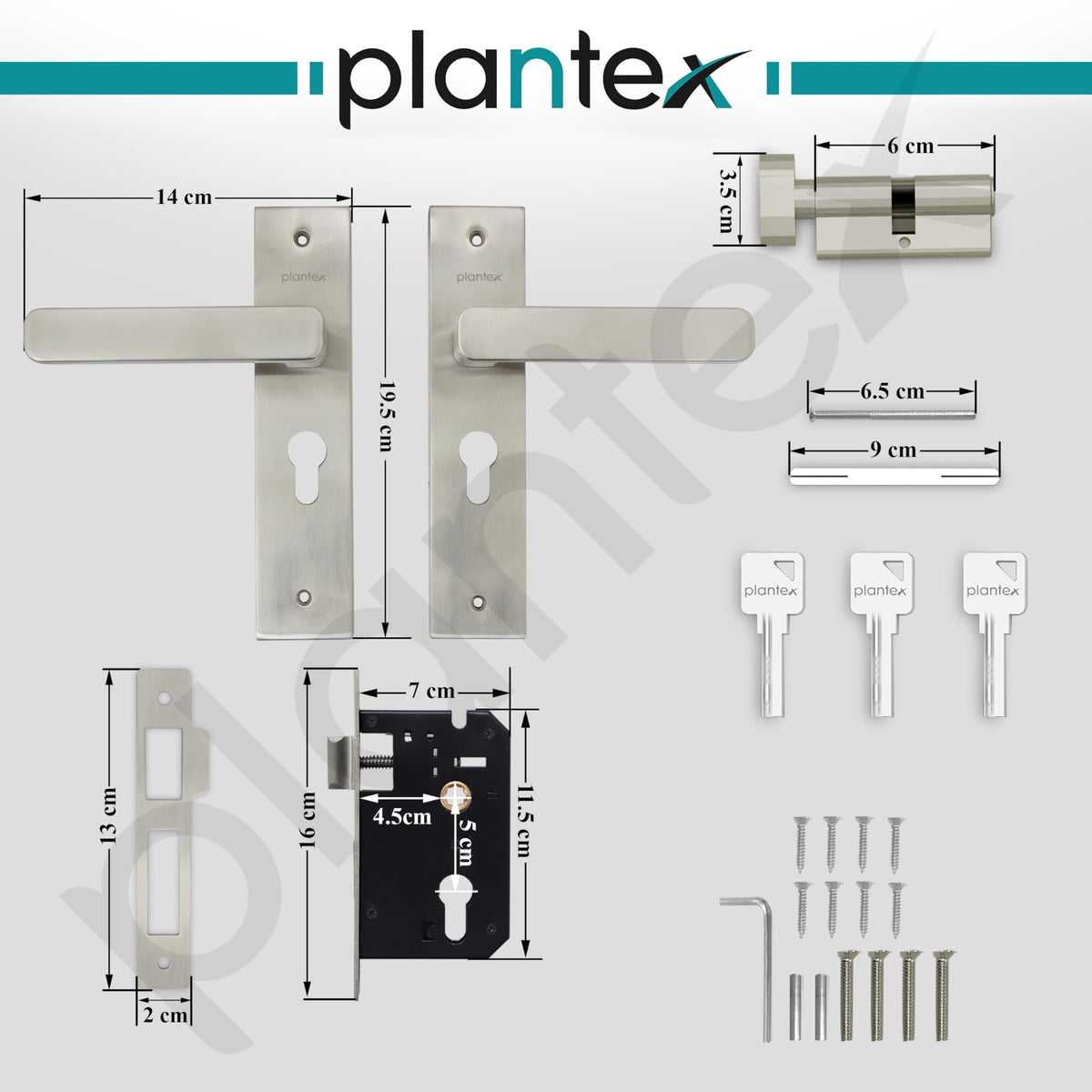 Plantex Heavy-Duty Door Lock Set - Main Door Lock Handle Set/Mortise Lock with 3 Keys, Brass Lock Body & Cylinder (8125 - Steel Satin & Chrome)-3