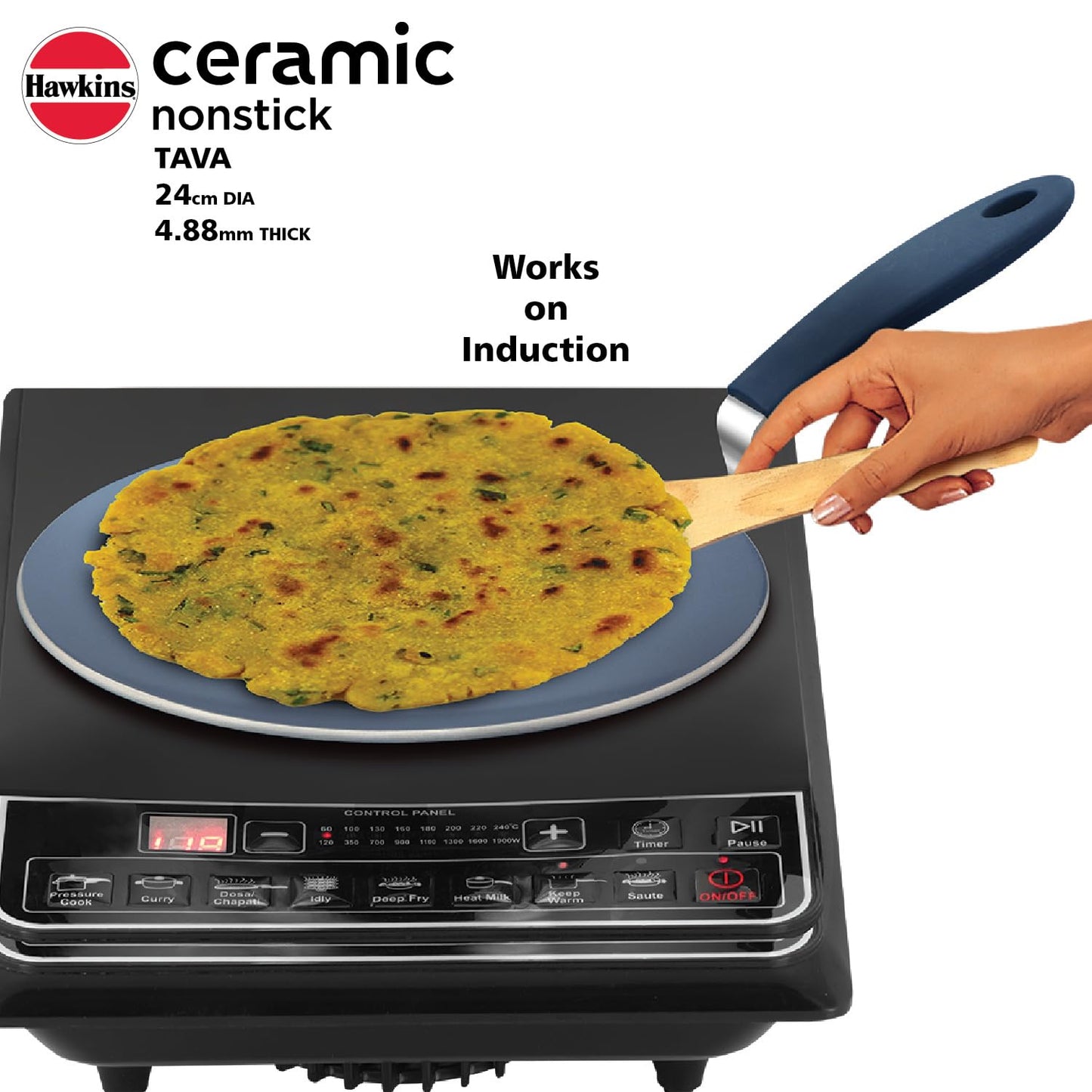 Hawkins Ceramic Nonstick Tava, 24 cm Diameter, Induction Paratha Tawa, Granite Griddle (ICT24)
