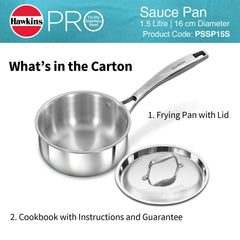 Hawkins Pro 1.5 Litre Sauce Pan, Tri-Ply Stainless Steel Tea Pan/Milk Pan with Stainless Steel Lid, Silver (PSSP15S)