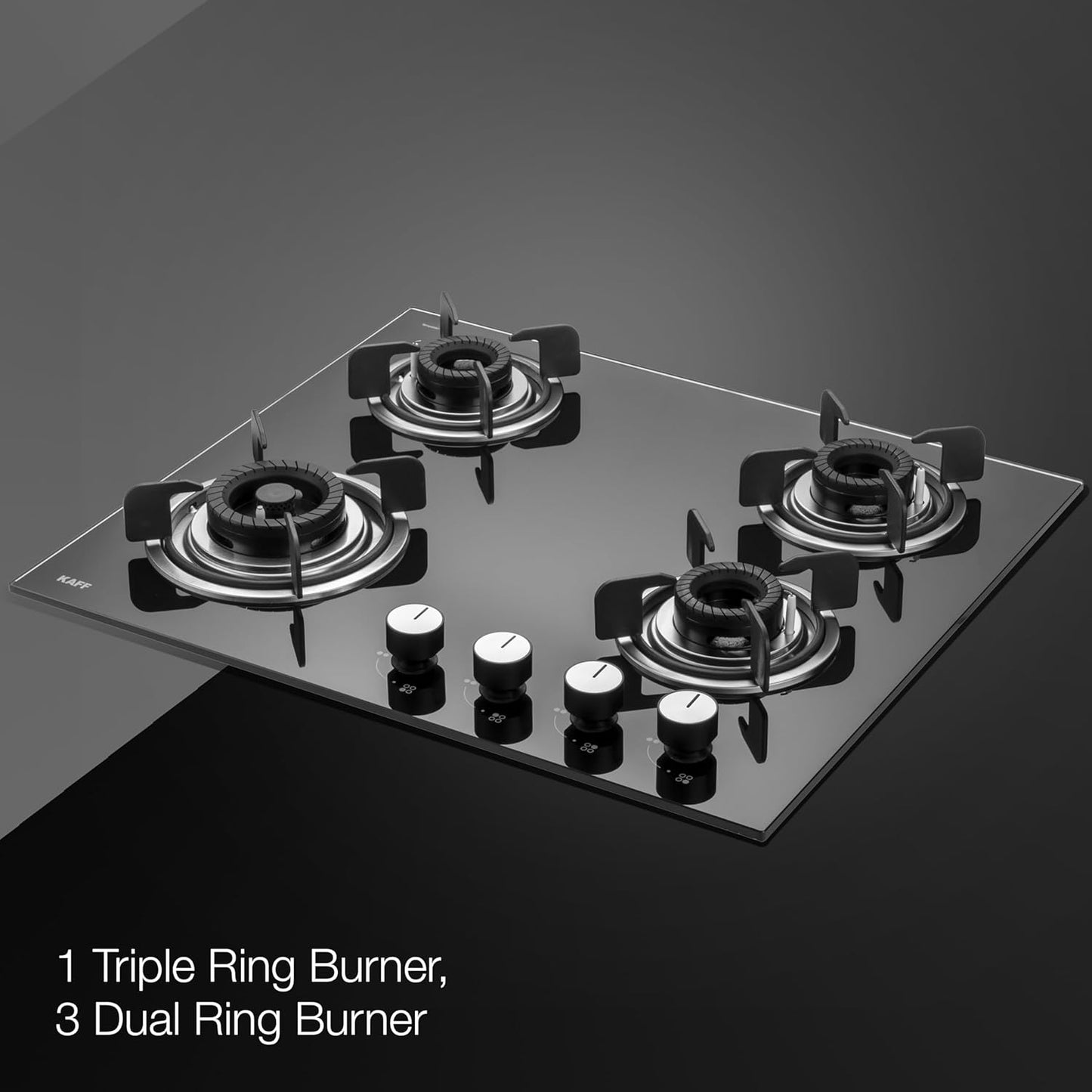 KAFF 4 Burners Open Built-In Hob & Hobtop For Modular Kitchen -8 MM|Auto Electric Ignition Glass Top|Tornado Style Burners| Enamelled Matt Finish, Easy Grip Knobs, Toughened Glass (Black,80CM)