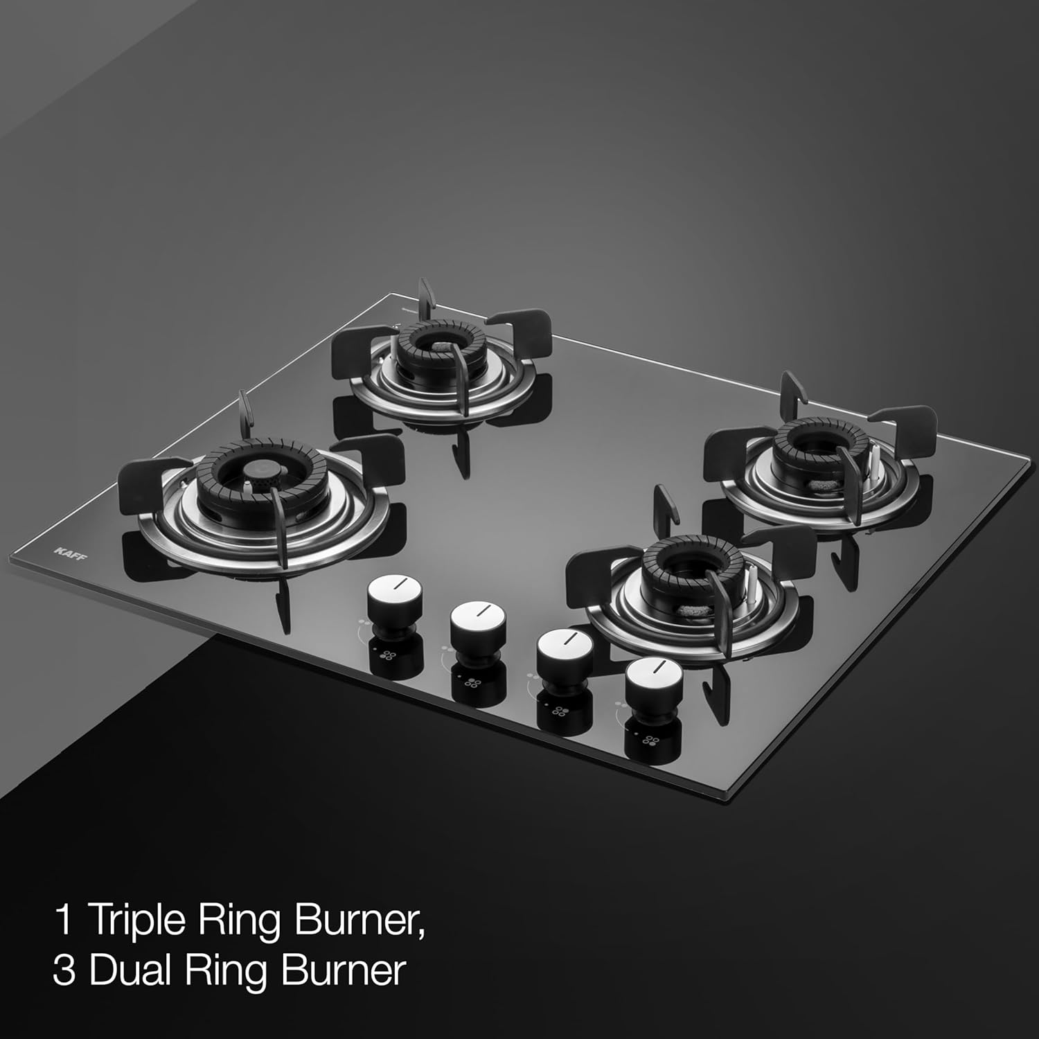 KAFF 4 Burners Open Built-In Hob & Hobtop For Modular Kitchen -8 MM|Auto Electric Ignition Glass Top|Tornado Style Burners| Enamelled Matt Finish, Easy Grip Knobs, Toughened Glass (Black,80CM)