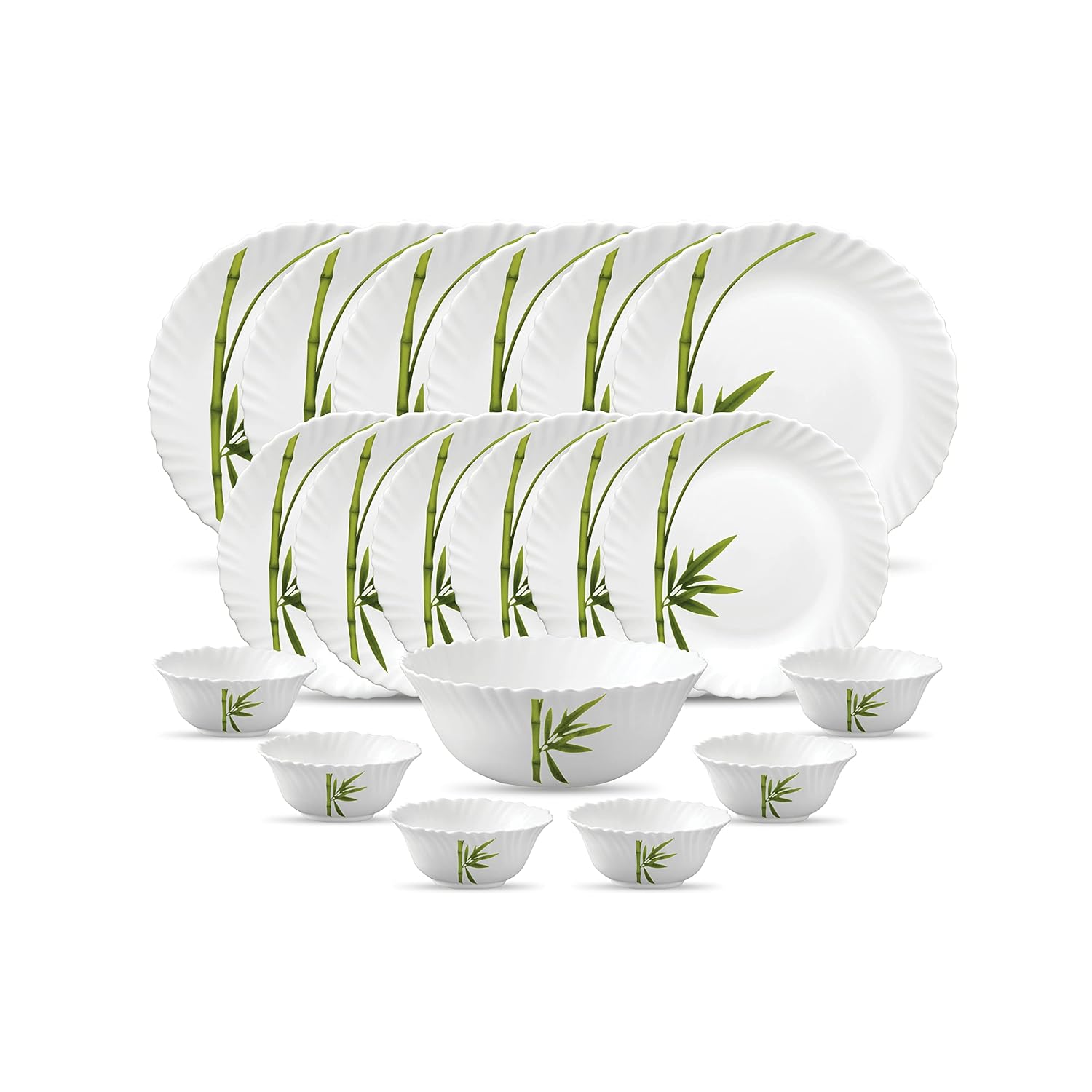 La Opala Diva Classique Collection Opal Glass Crockery | for Family of 6 | Dinner Set 19 pcs Fluted Green | Plates & Bowls for Dining | Microwave Safe | 100% Vegetarian | Extra Strong | White