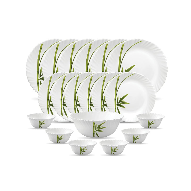 La Opala Diva Classique Collection Opal Glass Crockery | for Family of 6 | Dinner Set 19 pcs Fluted Green | Plates & Bowls for Dining | Microwave Safe | 100% Vegetarian | Extra Strong | White