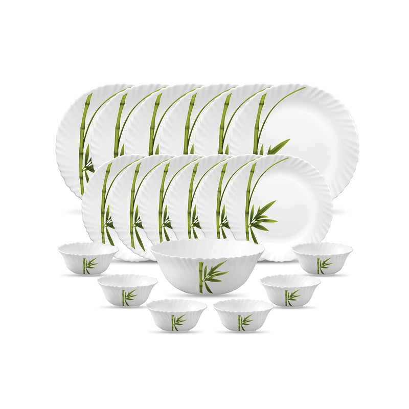 La Opala Diva Classique Collection Opal Glass Crockery | for Family of 6 | Dinner Set 19 pcs Fluted Green | Plates & Bowls for Dining | Microwave Safe | 100% Vegetarian | Extra Strong | White