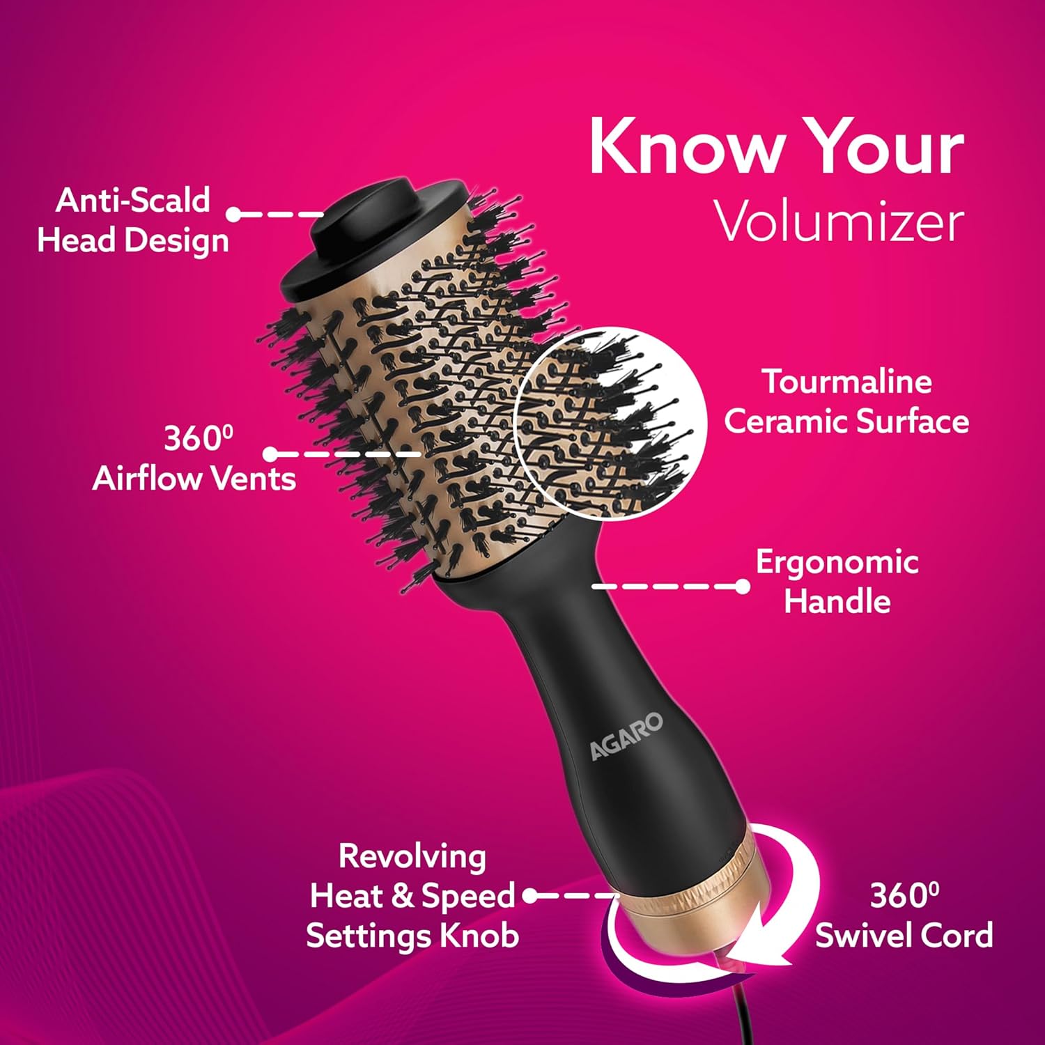AGARO HV2179 Hot Air Brush for Hair, Blow Dryer Brush, Volumizer & Styler, 360° Airflow Vent, Oval Barrel for Hair Volume, Charcoal Bristles, Ceramic Coating Brushing Head, 1200W, Gold & Black