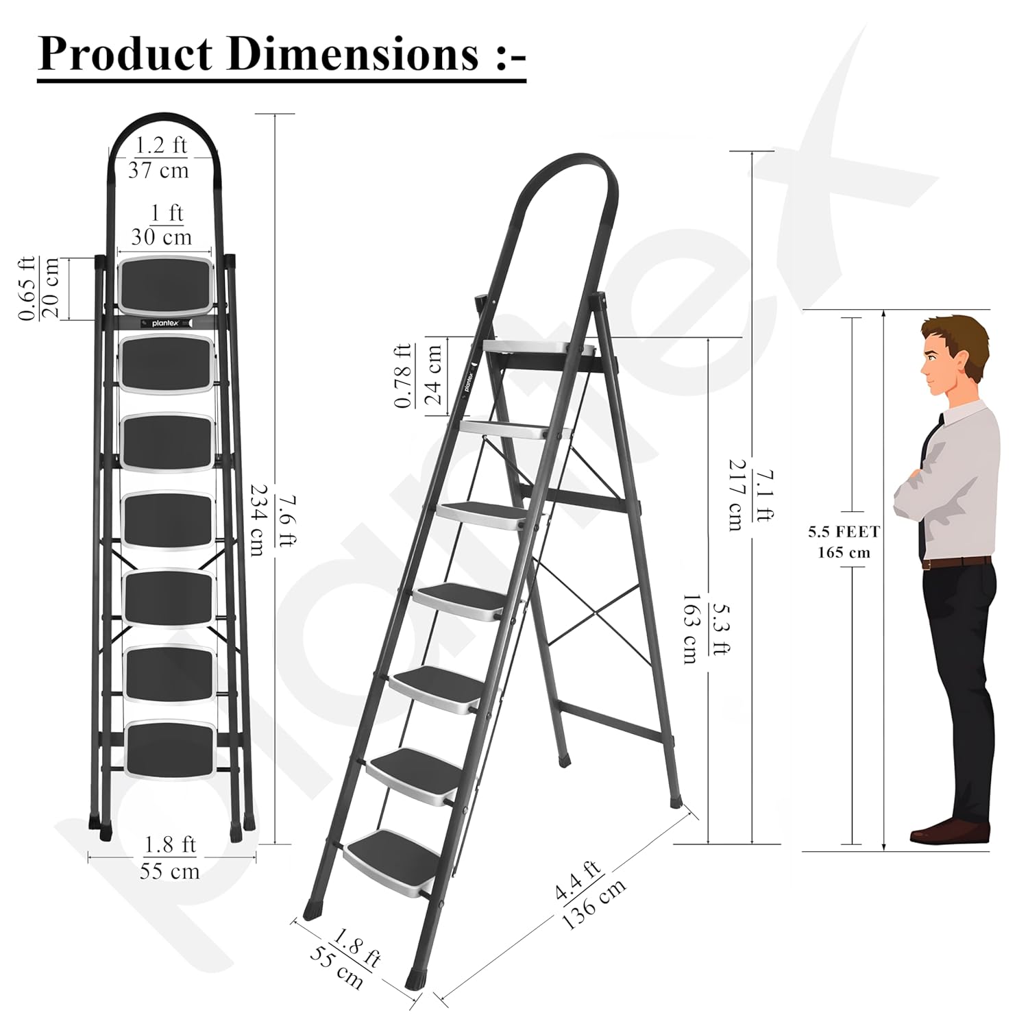 Plantex Steel 7 Step Ladder for Home/Wide Anti Skid 7 Step Ladder Foldable/5 Year Manufacturer Warranty (Gray & White)