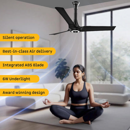 atomberg Aris Starlight BLDC Ceiling Fan 1200mm Best-in-class Air Delivery Smart IoT Remote Silent Operation LED Underlight Award Winning Design BEE 5star 3 Year Warranty Stellar Black