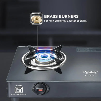 Prestige Efficia LP Open Gas Stove with Powder-Coated Body, Glass Top & 2 Brass Burners