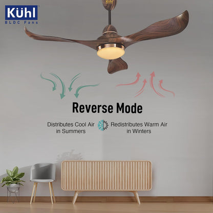 KUHL Glanz F3 1320mm Stylish Power Saving BLDC Ceiling Fan With Remote | Down Light | 30W | 5 Star | IoT - Operate Via Mobile&Alexa | Reverse Mode | Free Installation |Teak