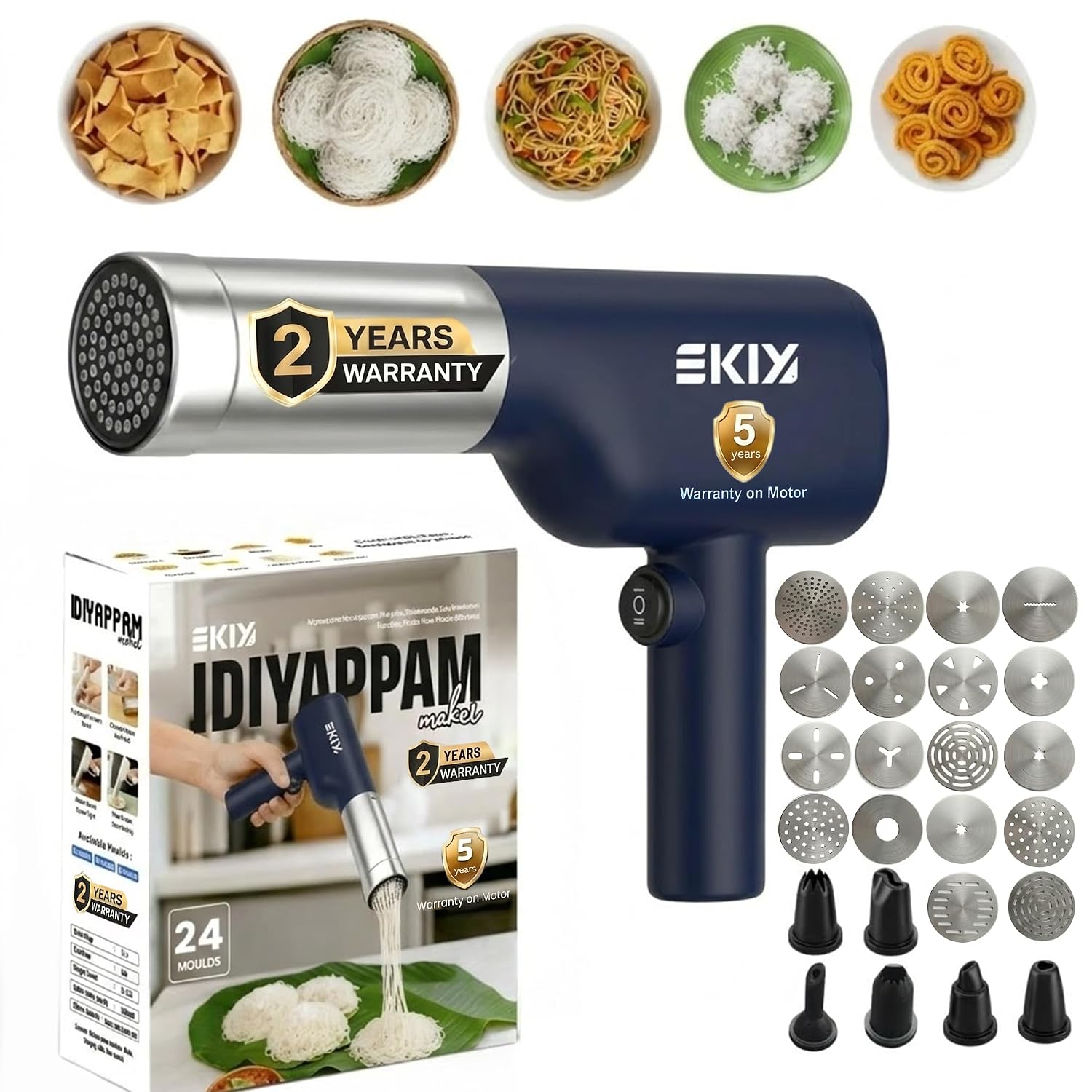 EKIY Electric 24 Mould Stainless Steel Idiyappam,Noolappam,Cakes,Muruke,Pakkavada,Noodles,Pasta Maker Machine |50 Times for Full Charge| 1500Mah Type-C Cordless | Automatic Portable (24 Mould Blue)