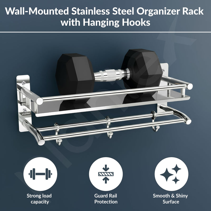 Plantex Premium Stainless Steel Bathroom Shelf/Multipurpose Rack with Towel Hooks & Hanger/Rod/Bathroom Organiser with Drill/Bathroom Stand-(2-Tier,Chrome)-5