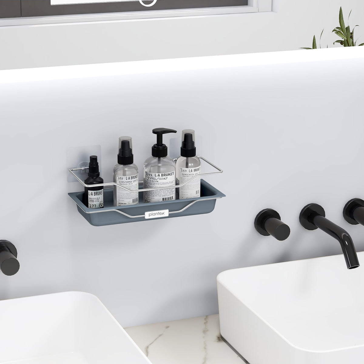 Plantex ABS Plastic Self Adhesive Bathroom Shelf/Adhesive Shelf for Kitchen/Multipurpose Stainless Steel Wire Shelf/Bathroom Organiser (Silver & Grey)-2