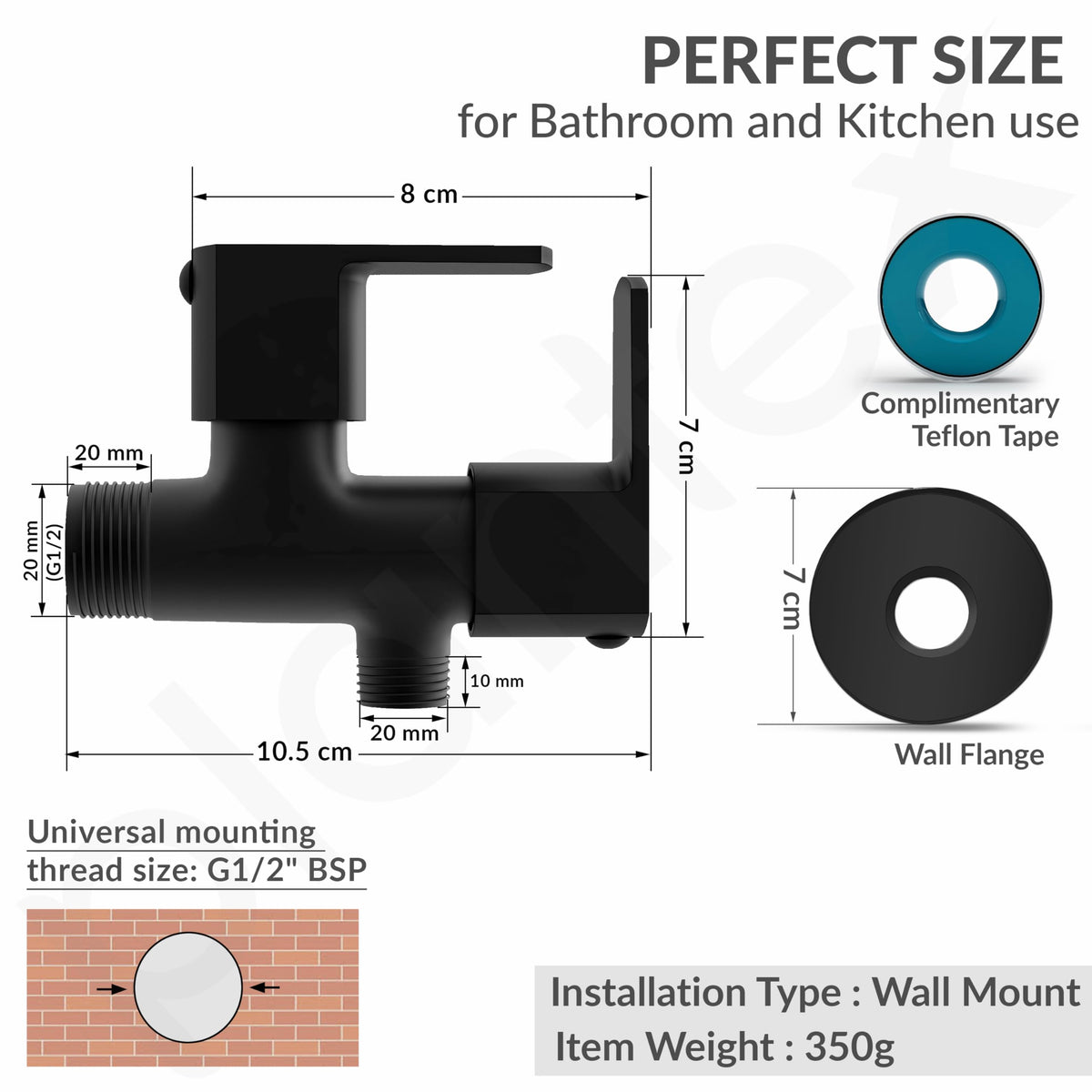 Plantex Angle Valve 2 in 1 with Brass Spindle/Two Way Angle Cock Tap with Wall Flange & Teflon Tape/Anglular Tap for Bathroom- Pack of 1 (Saga, Black)-4