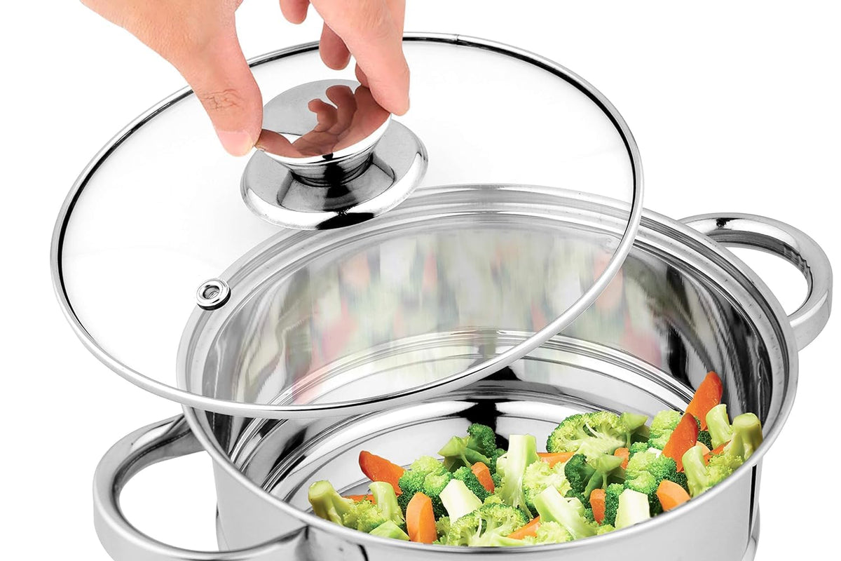 Pigeon by Stovekraft Steel X Steamer Stainless Steel Induction Base, Modak Maker/Momo Maker, Dual Compartment With Glass