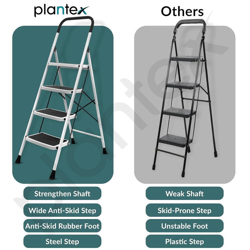 Plantex Alloy Steel 4 Step Ladder For Home/Foldable Strong Wide Step Ladder/Anti- Skid 4 Step Ladder - (White & Black)