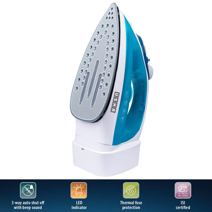 USHA Helix Pro Smart Steam Iron 2000 W with Easy-Wind Retractable Cord, Durable Ceramic Soleplate, 3-Way Auto Shut Off, Anti-Drip, Anti-Calc Function (Blue & White)