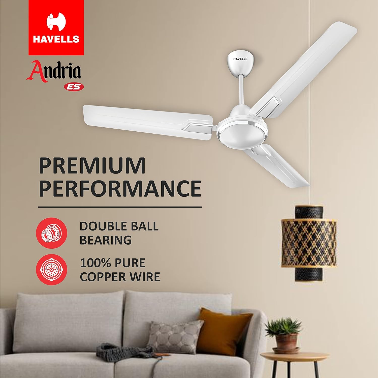 Havells 1200Mm Andria Energy Saving Ceiling Fan (4.2 stars, Pearl White, Pack Of 2)