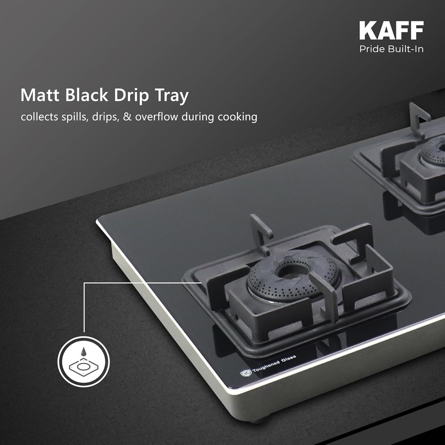 KAFF Gas Stove/Cooktop 3 Burners 77 CM, Black Coated Brass Burners With Auto Electric Ignition, Decorative SS Moulded Strip on All Sides for Edge Protection Black | CTQ773BAI