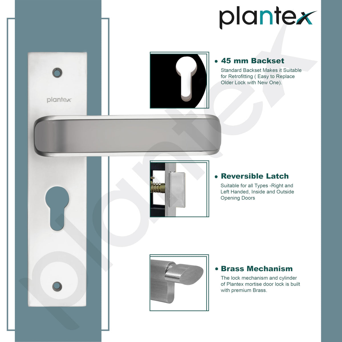Plantex Heavy-Duty Door Lock Set - Main Door Lock Handle Set/ 6-Lever Lock Mechanism with 3 Years of Warranty/Mortise Lock with 3 Keys, Brass Lockbody & Cylinder(8112 - Satin White & Satin Black)-4