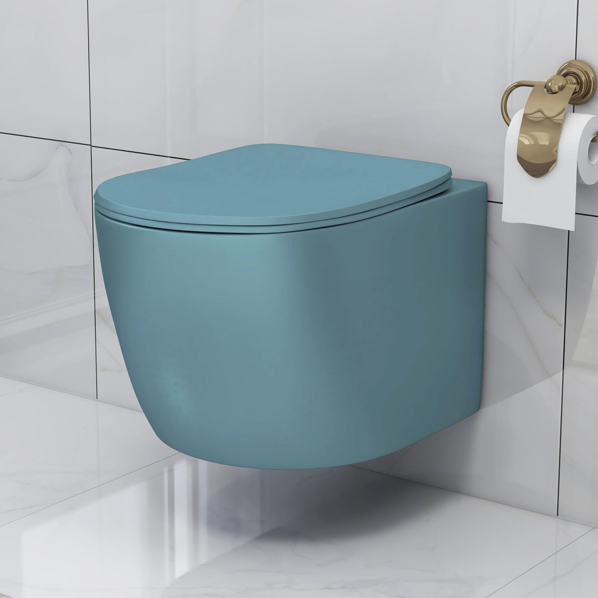 Plantex Imported Ceramic Wall Hung Commode/Rimless Washdown Flush Western Toilet/Round Commode with Soft Closing Toilet Seat - P Trap (Harmony Blue)