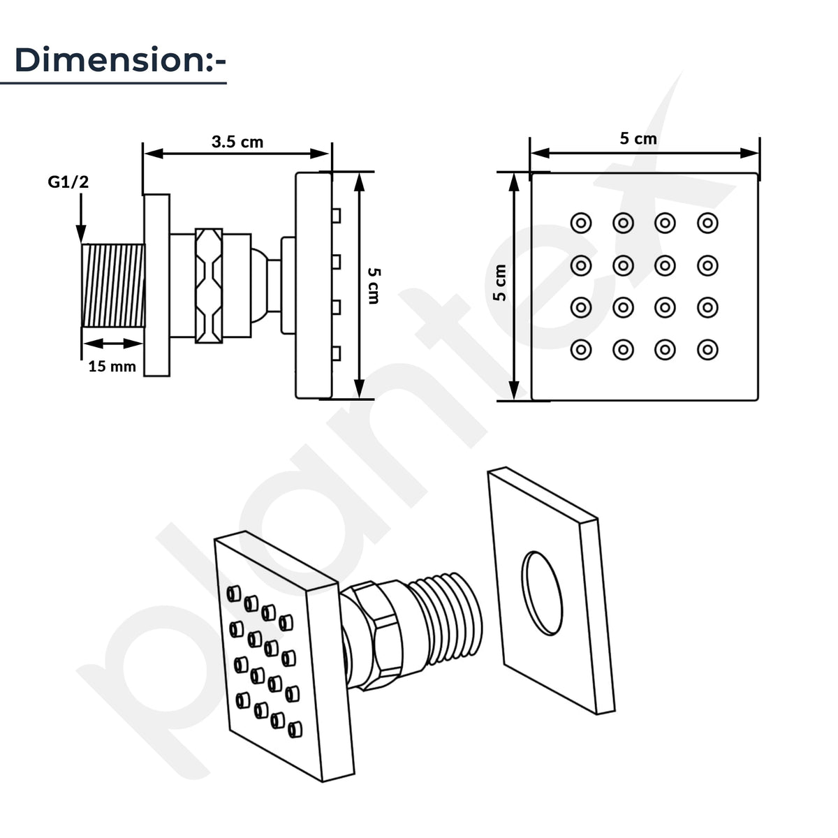 Plantex Brass Body Jet Shower for Bathroom/Wall Mounted Square Rain Shower Body Jet/High Pressure Massage Spray Jet - Pack of 6 (Chrome, BSH-022)-4