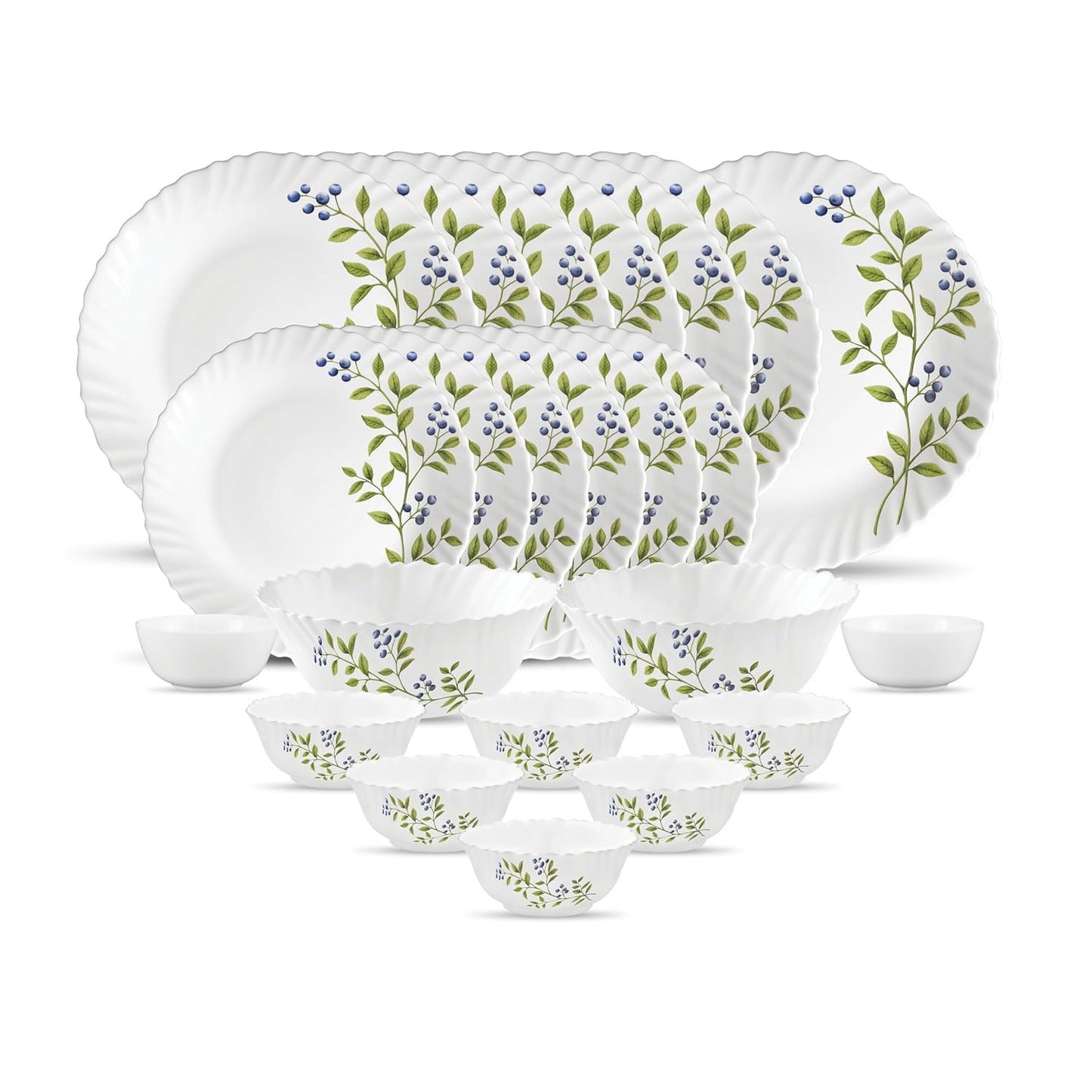La Opala Novo Collection Opal Glass Crockery | for Family of 6 | Dinner Set 23 pcs Lush Greens | Plates & Bowls for Dining | Microwave Safe | 100% Vegetarian | Extra Strong | Light & White