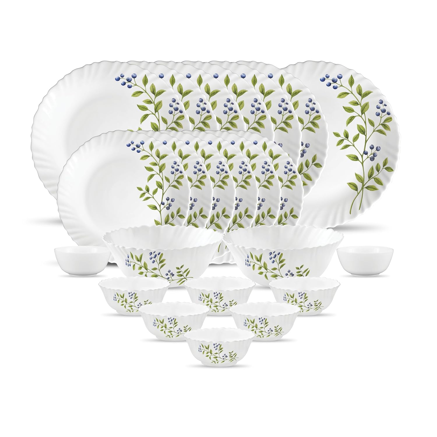 La Opala Novo Collection Opal Glass Crockery | for Family of 6 | Dinner Set 23 pcs Lush Greens | Plates & Bowls for Dining | Microwave Safe | 100% Vegetarian | Extra Strong | Light & White