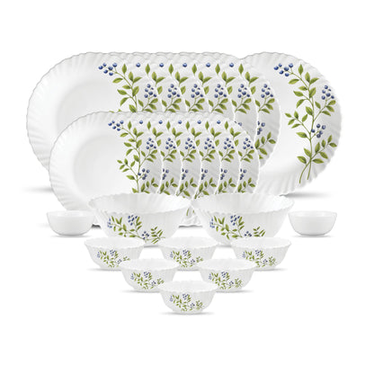 La Opala Novo Collection Opal Glass Crockery | for Family of 6 | Dinner Set 23 pcs Trinty Green | Plates & Bowls for Dining | Microwave Safe | 100% Vegetarian | Extra Strong | Light & White