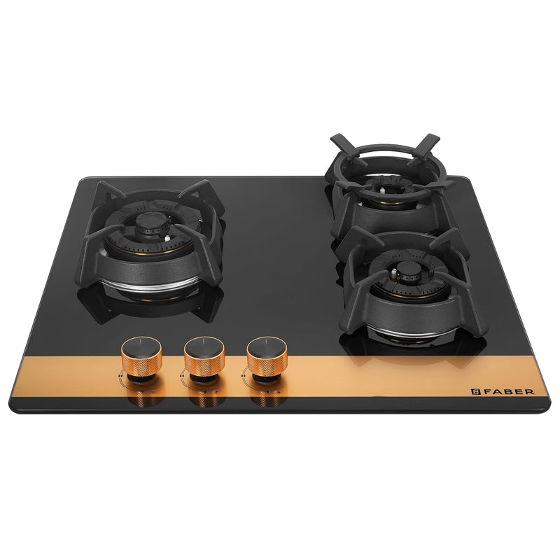 Faber 60cm 3Burner Gas Hob | Flame Failure Device | Cast Iron Pan Support | Metal Knobs | Dual Flame Burner | 8mm Toughe