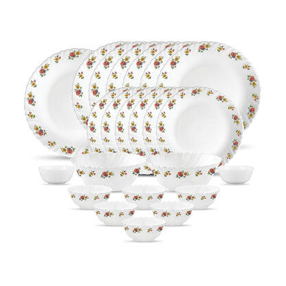 La Opala Novo Collection Opal Glass Crockery | for Family of 6 | Dinner Set 23 pcs Petite Roses | Plates & Bowls for Dining | Microwave Safe | 100% Vegetarian | Extra Strong | Light & White
