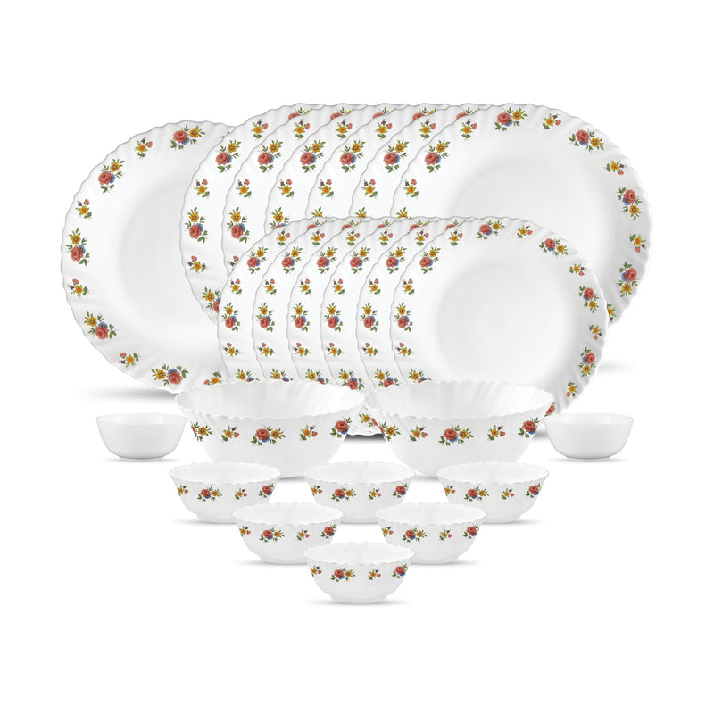 La Opala Novo Collection Opal Glass Crockery | for Family of 6 | Dinner Set 23 pcs Vivid Greens | Plates & Bowls for Dining | Microwave Safe | 100% Vegetarian | Extra Strong | Light & White