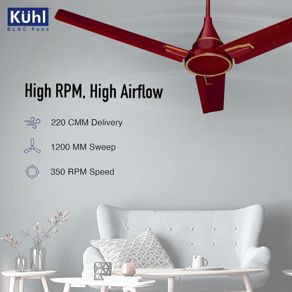 KUHL Prima A1 1200MM Decorative Power Saving BLDC Ceiling Fan With Remote | 29W | Saves Upto 65% Electricity | 5 stars | High Air Flow | Stylish Design | Brown