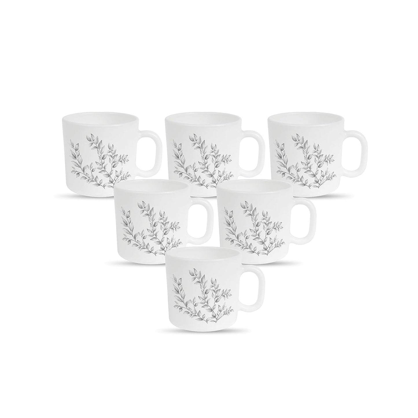La Opala Diva, Pearl Collection Opal Glass Crockery | Coffee Mug Regular, Set of 6 | Dusky Vines, 190 ml | for Tea & Coffee | Microwave Safe | 100% Vegetarian | Extra Strong | Super Light & White