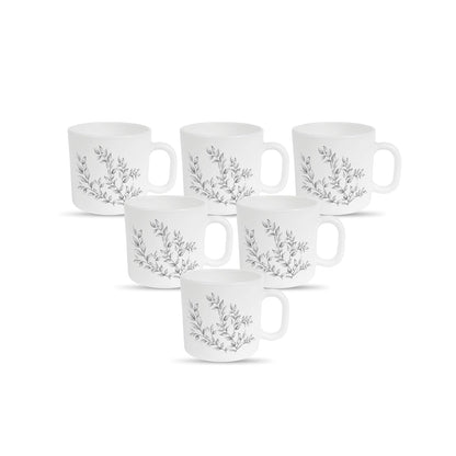 La Opala Diva, Pearl Collection Opal Glass Crockery | Coffee Mug Regular, Set of 6 | Dusky Vines, 190 ml | for Tea & Coffee | Microwave Safe | 100% Vegetarian | Extra Strong | Super Light & White