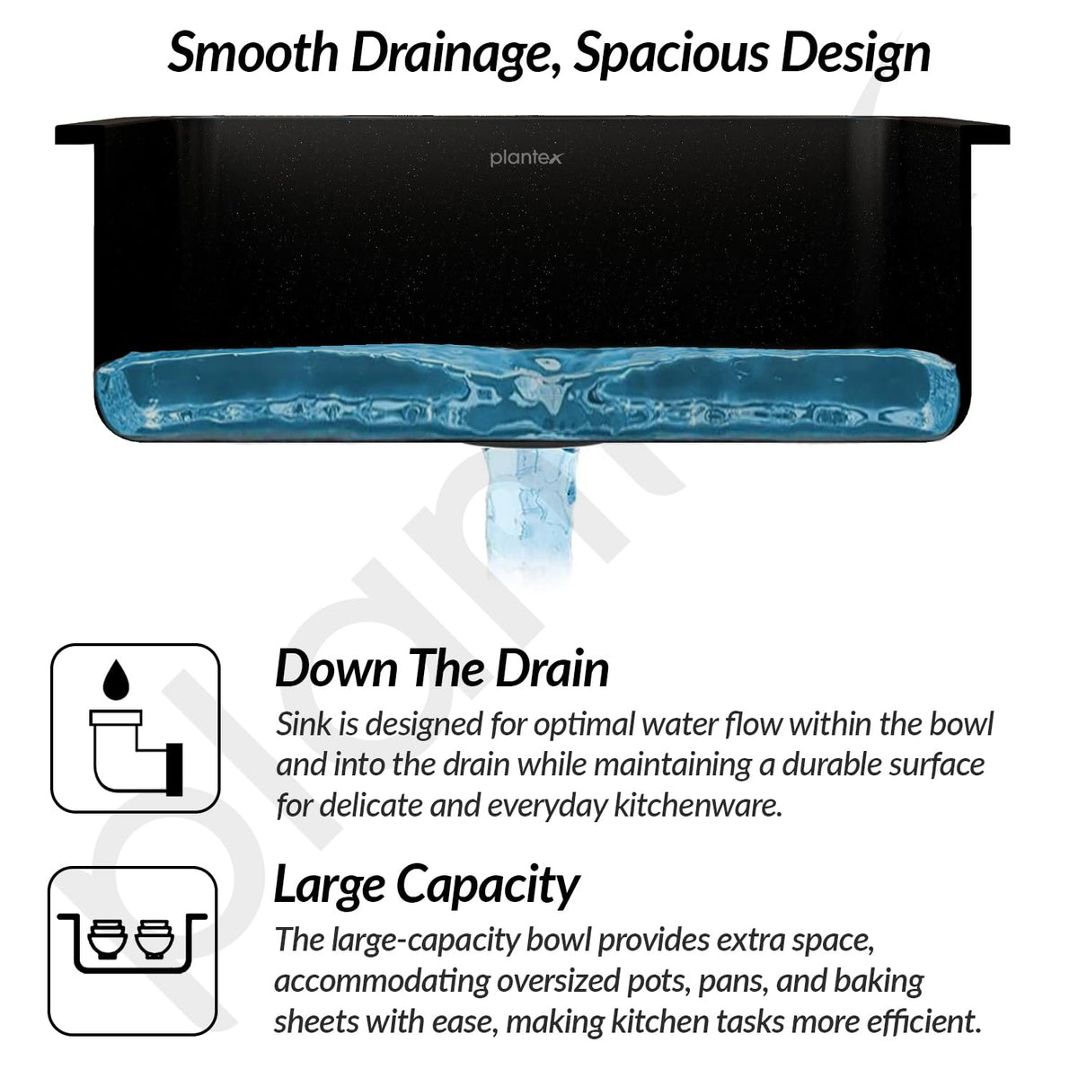 Plantex Matt Quartz Kitchen Sink/UV Protected Kitchen Sink/Undermount Sink For Kitchen/Granite Single Bowl Sink With Coupling (Nano Black, 20X30 Inches)-4
