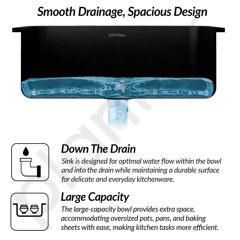 Plantex Matt Quartz Kitchen Sink/UV Protected Kitchen Sink/Undermount Sink For Kitchen/Granite Single Bowl Sink With Coupling (Nano Black, 20X30 Inches)-4