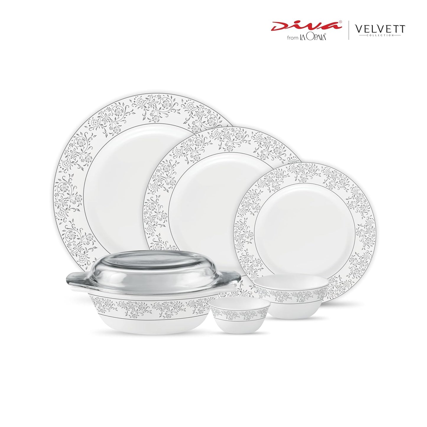 La Opala Diva Velvett Collection Opal Glass Crockery | for Family of 8 | Dinner Set 45 pcs Aria Grey | Plates & Bowls for Dining | Microwave Safe | 100% Vegetarian | Extra Strong | Light & White