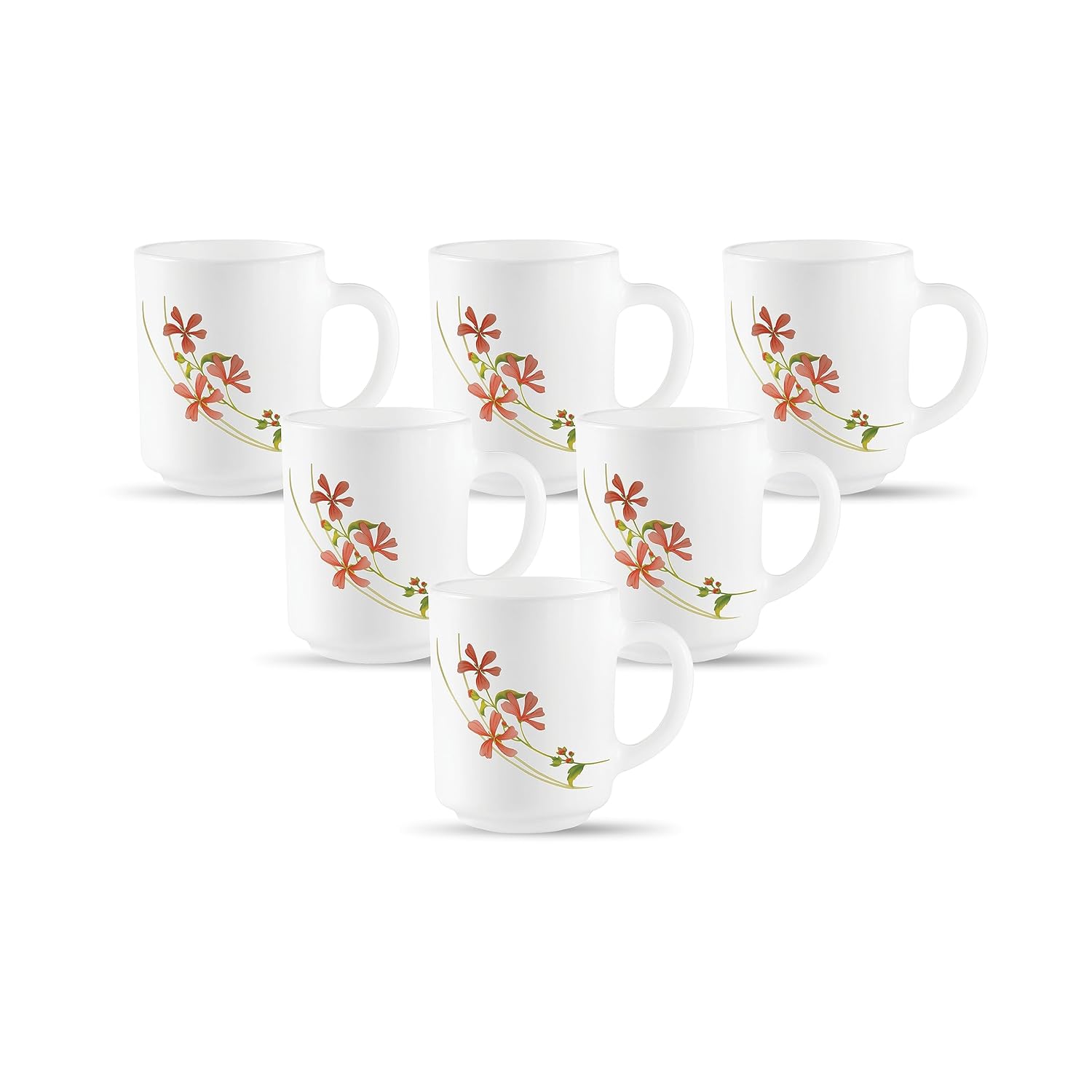 La Opala, Novo Collection Opal Glass Crockery | Coffee Mug Grace Medium, Set of 6 | Coral Charm, 250 ml | for Tea & Coffee | Microwave Safe | 100% Vegetarian | Extra Strong | Super Light & White
