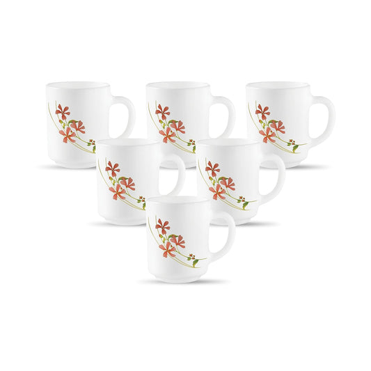 La Opala, Novo Collection Opal Glass Crockery | Coffee Mug Grace Medium, Set of 6 | Coral Charm, 250 ml | for Tea & Coffee | Microwave Safe | 100% Vegetarian | Extra Strong | Super Light & White