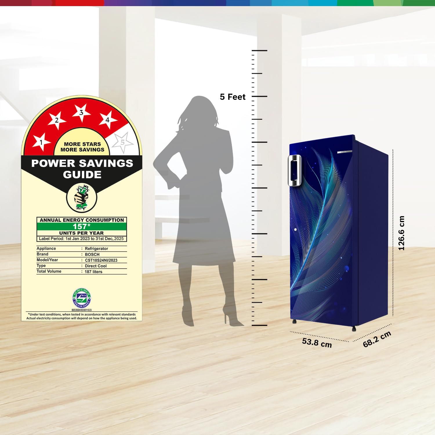 BOSCH 207 L, 4 Star Single Door Refrigerator with Industry's largest vegetable box* & Beverage space (CST20B34NI, Feather Blue| 18 Hr Cooling Retention, 2.5x Faster Cooling, Smart inverter compressor