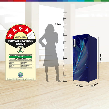 BOSCH 207 L, 4 Star Single Door Refrigerator with Industry's largest vegetable box* & Beverage space (CST20B34NI, Feather Blue| 18 Hr Cooling Retention, 2.5x Faster Cooling, Smart inverter compressor