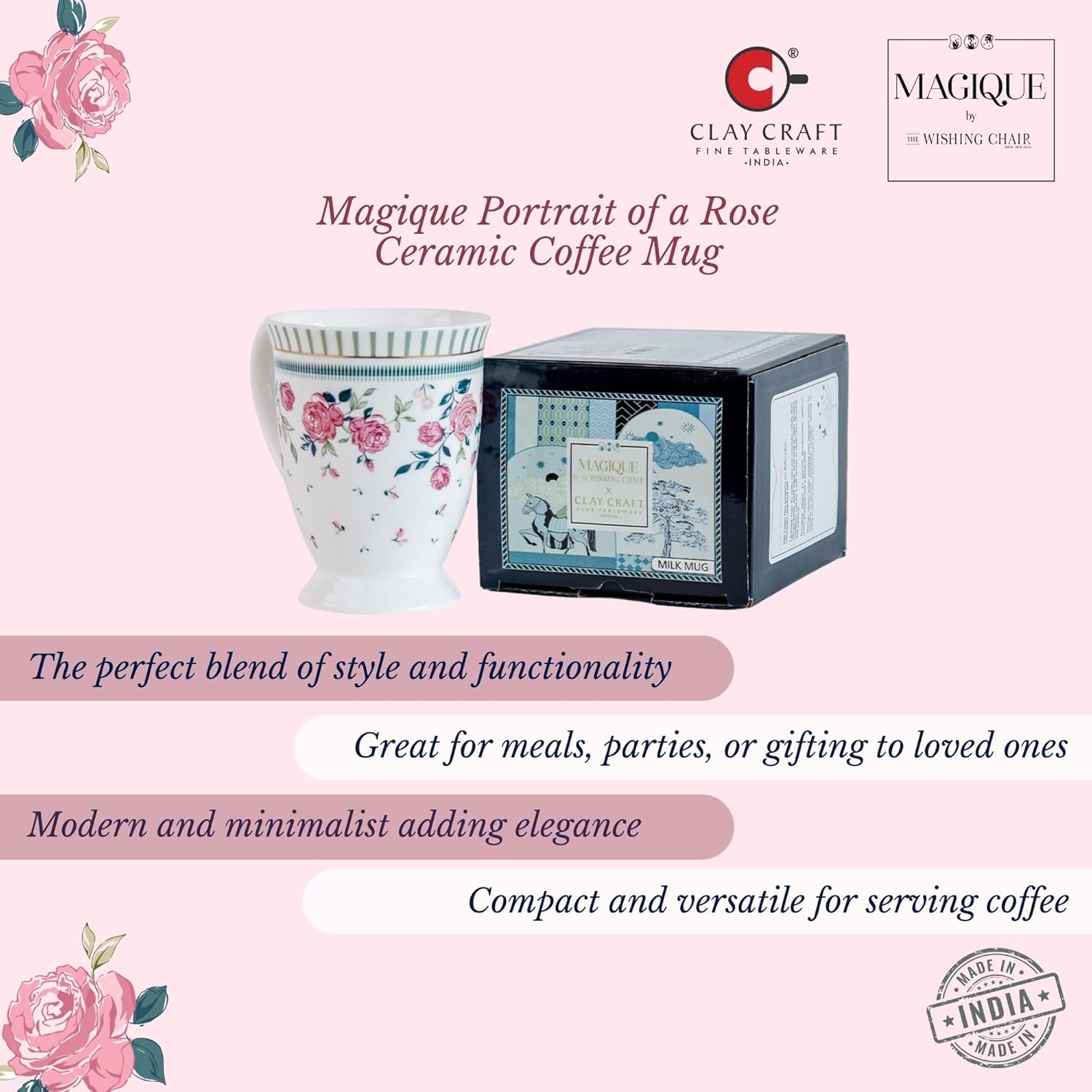 Magique by The Wishing Chair x ClayCraft : Portrait of a Rose Ceramic Coffee Mug – 300 ml | Handcrafted Floral Design Cup | Elegant Lightweight Tea Mug | Dishwasher Safe | Ideal Gift for Loved Ones