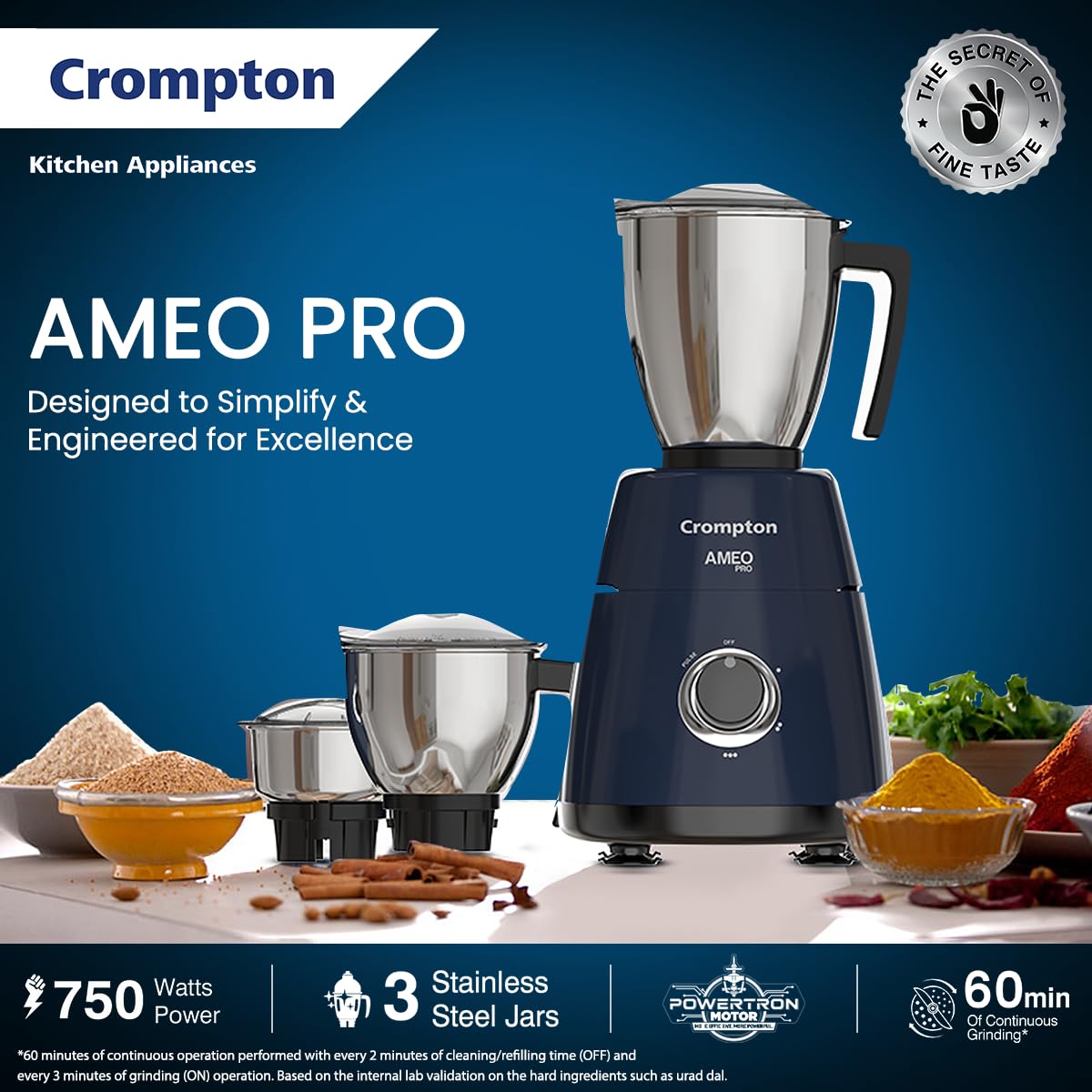 Crompton Ameo Pro 750W 3 Jar | Mixer Grinder | MaxiGrind | Motor Vent-X Technology |3 Stainless Steel Jars and 1 Juicer Jar | Black & Blue