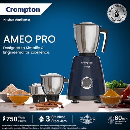 Crompton Ameo Pro 750W 3 Jar | Mixer Grinder | MaxiGrind | Motor Vent-X Technology |3 Stainless Steel Jars and 1 Juicer Jar | Black & Blue