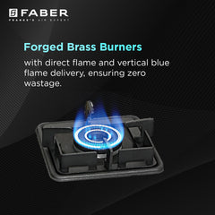 Faber Stylish 3 Brass Burners 77cm Sleek Cooktop |Manual Ignition|MS Powder Coated Pan Support|Black Glass Finish|5 Yrs 
