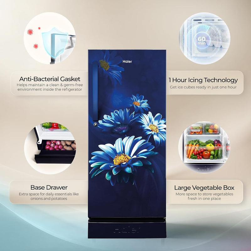 Haier 190 L 5 Star Direct Cool Inverter Single Door Refrigerator with Fast Ice Making, Easy Clean Back, Large Vegetable Box (HED-205MHBA-P, Marine)-2