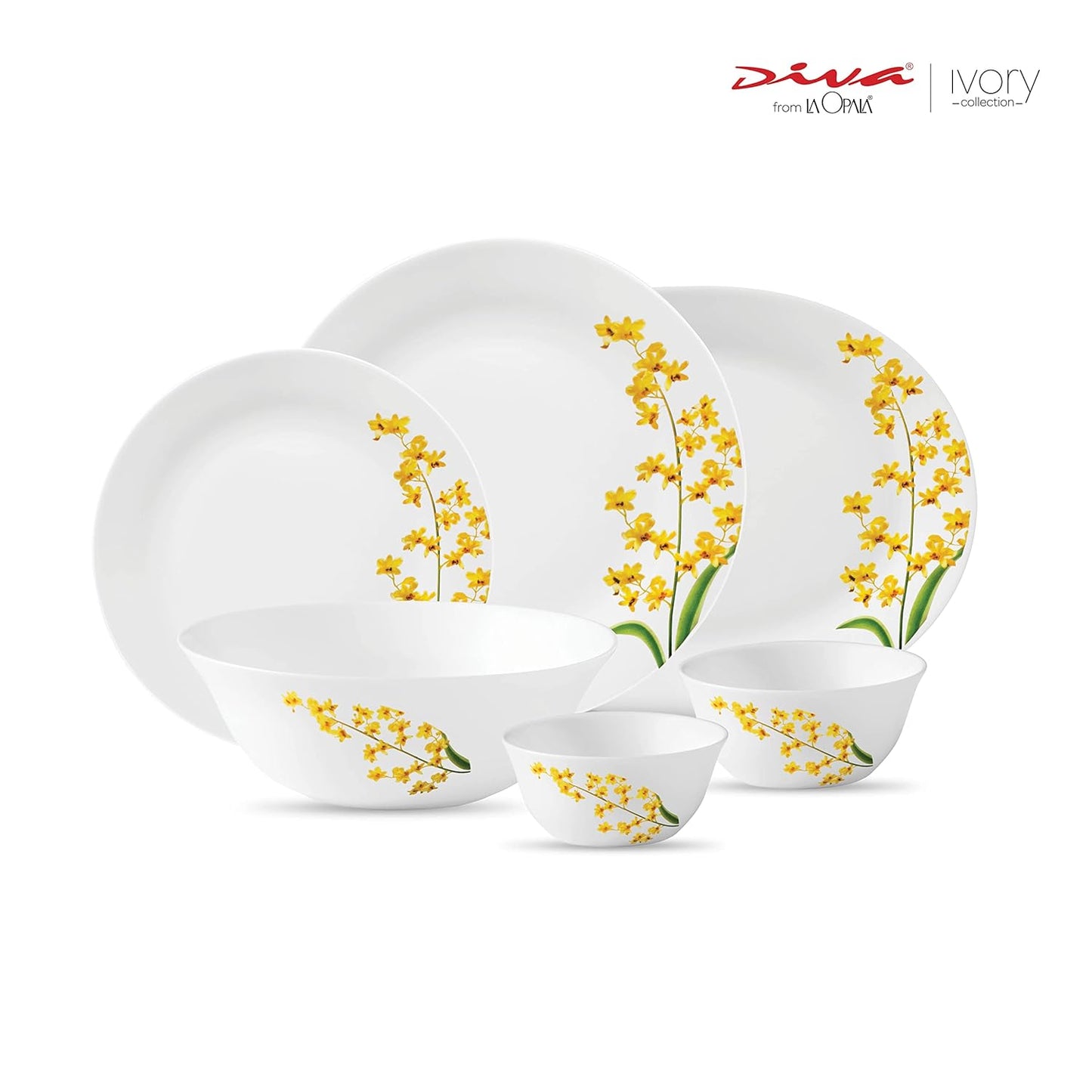 La Opala Diva Ivory Collection Opal Glass Crockery | for Family of 6 | Dinner Set 27 pcs Yellow Grace | Plates & Bowls for Dining | Microwave Safe | 100% Vegetarian | Extra Strong | Light & White