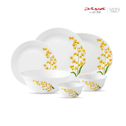 La Opala Diva Ivory Collection Opal Glass Crockery | for Family of 6 | Dinner Set 27 pcs Yellow Grace | Plates & Bowls for Dining | Microwave Safe | 100% Vegetarian | Extra Strong | Light & White